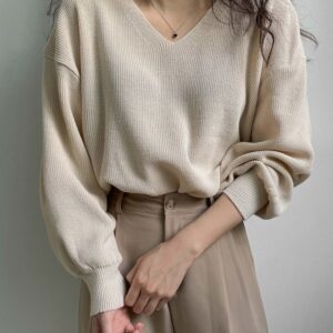 Kaszmirowy Sweter Oversize z Dekoltem V-Neck Lily Alabaster